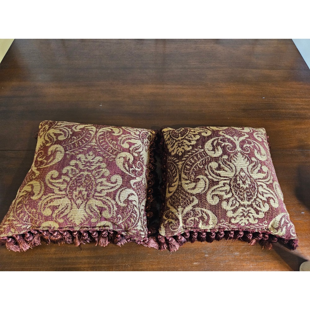 Throw Pillows Home Decor 12in Burgundy Gold Damask Tassel Fringe Set 2